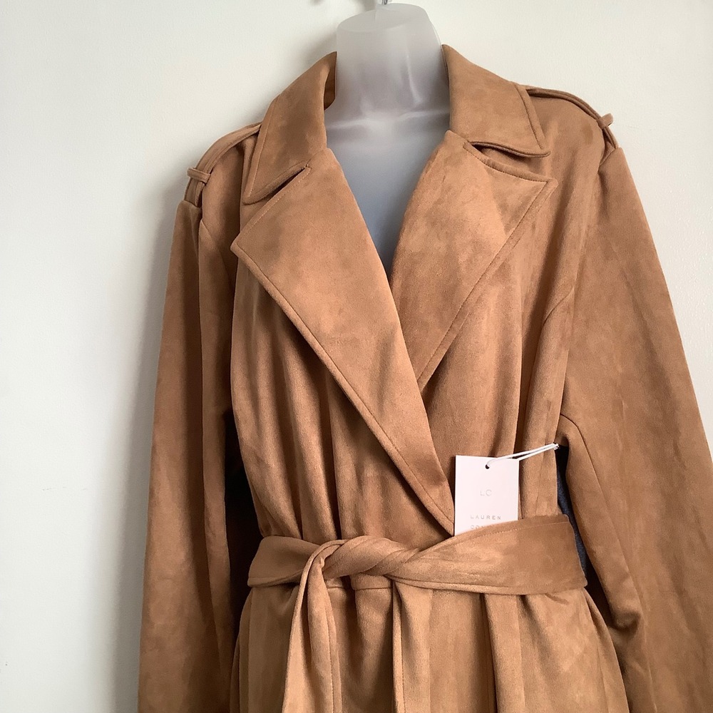 LC Lauren Conrad Faux Suede Trench Coat Tan Belted Long Jacket 2X WL33Z006PS